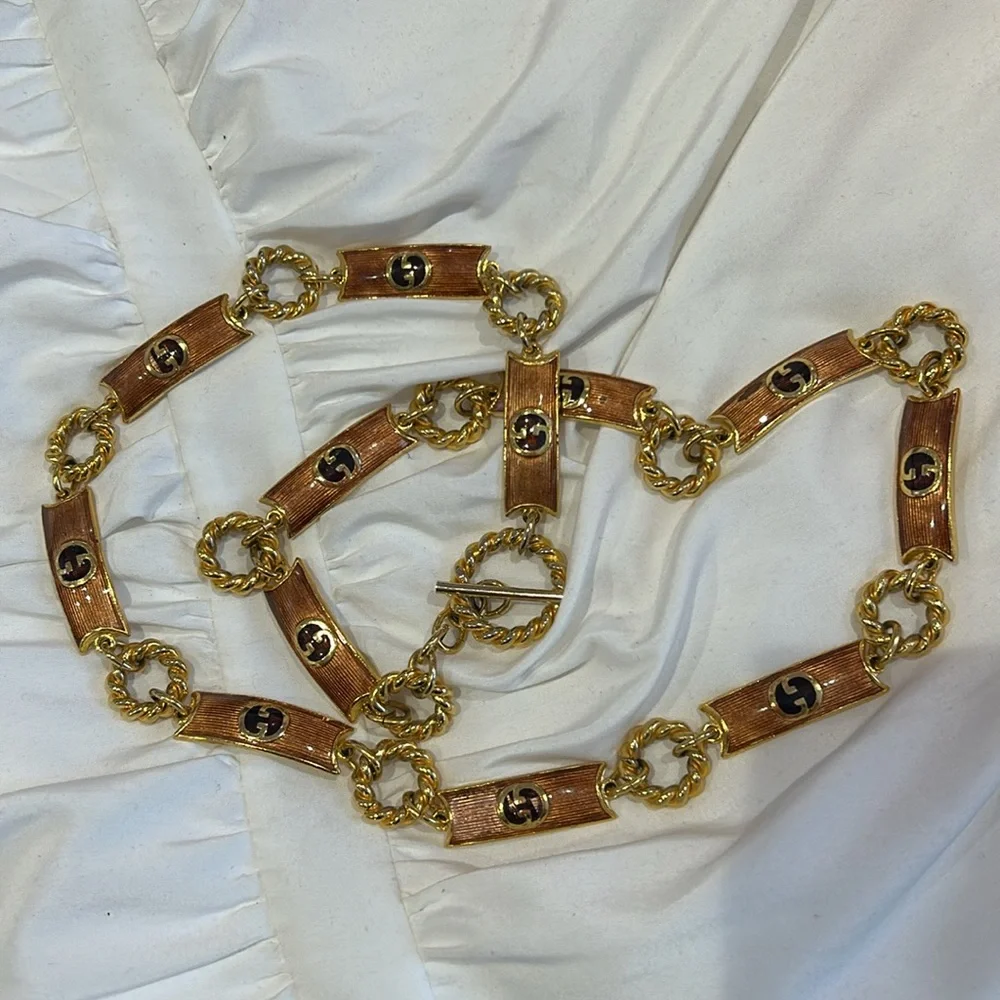 VINTAGE β70s GUCCI ITALY BROWN ENAMEL LOGO RUNWAY TOGGLE BELT/Necklace - Picture 11 of 13
